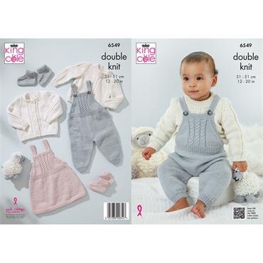 King Cole Pattern 6549 Dungarees, Pinafore, Sweater, Cardigan and Bootees knitted in Little Lamb DK