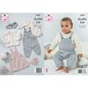 King Cole Pattern 6549 Dungarees, Pinafore, Sweater, Cardigan and Bootees knitted in Little Lamb DK