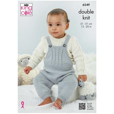 King Cole Pattern 6549 Dungarees, Pinafore, Sweater, Cardigan and Bootees knitted in Little Lamb DK