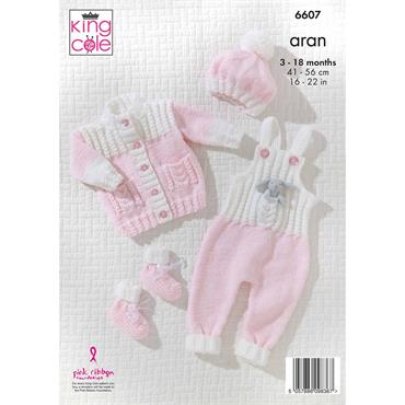 King Cole Pattern 6607 Cardigan Dungarees, Hat and Bootees in Aran