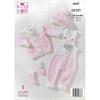 King Cole Pattern 6607 Cardigan Dungarees, Hat and Bootees in Aran