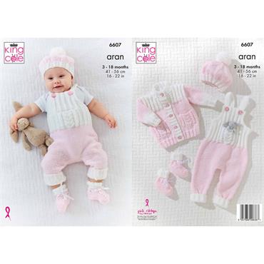 King Cole Pattern 6607 Cardigan, Dungarees, Hat and Bootees in Aran