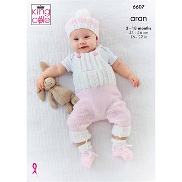 King Cole Pattern 6607 Cardigan Dungarees, Hat and Bootees in Aran