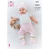 King Cole Pattern 6607 Cardigan Dungarees, Hat and Bootees in Aran