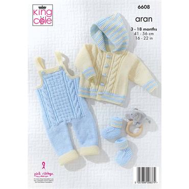 King Cole Pattern 6608 Dungarees, Jacket, Hat and Bootees in Aran