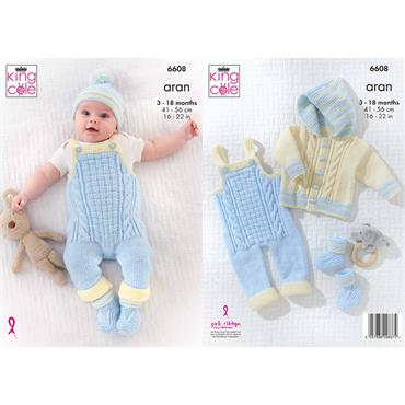 King Cole Pattern 6608 Dungarees, Jacket, Hat and Bootees in Aran