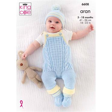 King Cole Pattern 6608 Dungarees, Jacket, Hat and Bootees in Aran