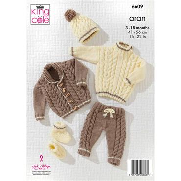 King Cole Pattern 6609 Jacket, Trousers, Sweater, Hat and Bootees in Aran