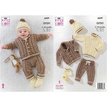 King Cole Pattern 6609 Jacket, Trousers, Sweater, Hat and Bootees in Aran