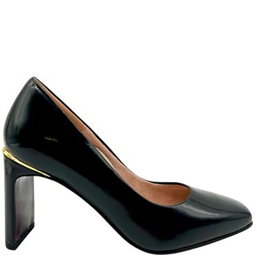 TAMARIS WOMENS GOLD TRIM COURT SHOE - BLACK PATENT