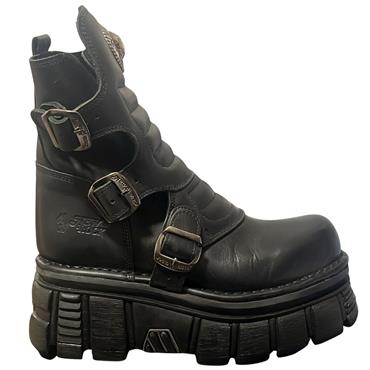 NEW ROCK WOMENS 3 BUCKLE CHUNKY BOOT - BLACK