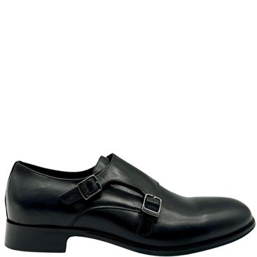 TRIOO MENS DRESS BUCKLE STRAP SHOE - BLACK LEATHER