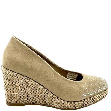 SPROX WOMENS WEDGE DIAMANTE COURT SHOE - TAUPE