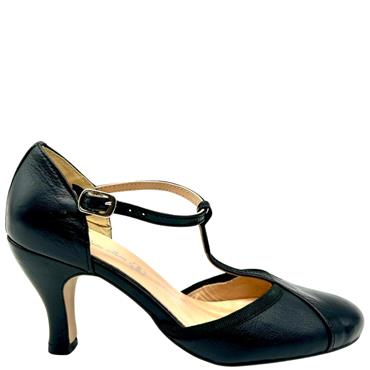 MARIA FAEN TSTRAP DANCING SANDAL - BLACK LEATHER