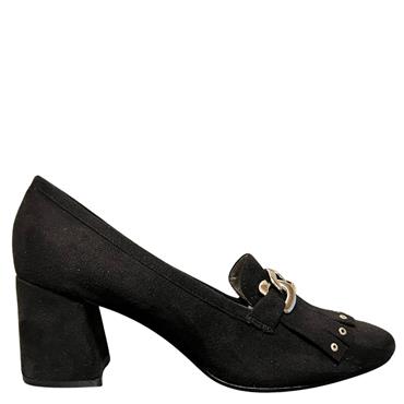 FABS LDS BLOCK HEEL CHAIN FRINGE SHOE - BLACK SUEDE