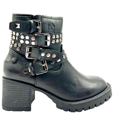 XTI WOMENS STUD STRAP ZIP ANKLE BOOT - BLACK