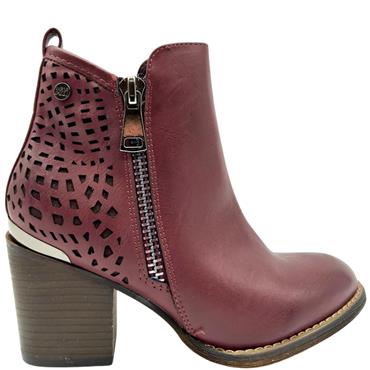 XTI WOMENS 2 ZIP BLOCK HEEL ANKLE BOOT - BURGUNDY