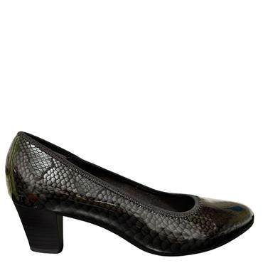 JANA LDS LOW HEEL COURT SHOE - BLACK SNAKE