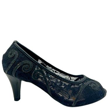 BARINO LOW HEEL LACE PEEP TOE - BLACK