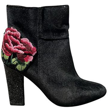 GLAMOUR GLITTER HEEL ROSE ZIP ANKLE BT - BLACK SUEDE