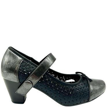 9TO5 LDS LOW HEEL STRAP BOW COURT SHOE - BLACK MULTI