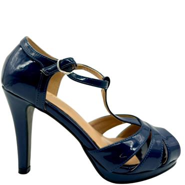 JACLIN HEEL IN T STRAP SANDAL - NAVY PATENT