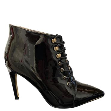 TRUFFLE HI HEEL TIE ANKLE BOOT - BLACK PATENT