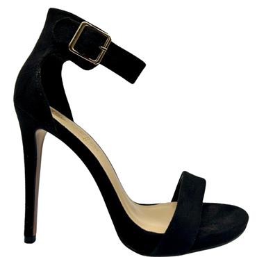 TRUFFLE HI HEEL IN BUCKLE SANDAL - BLACK SUEDE