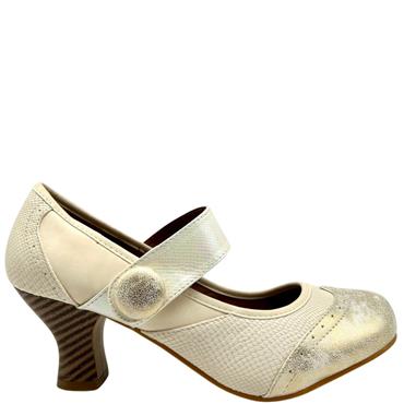 REDZ LDS VEL BUTTON STRAP SHOE - BEIGE