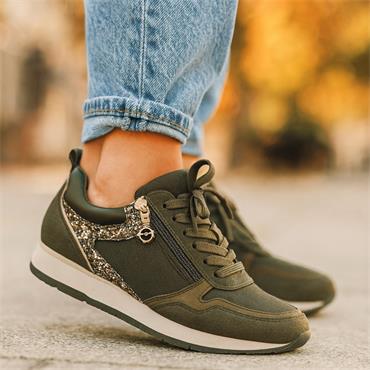 Tamaris Daki Side Zip Lace Trainer - Olive Combi