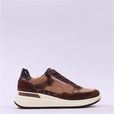 Ara Garda Side Zip Wedge Trainer - Tan Leopard Combi