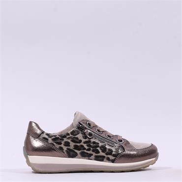 Ara Osaka Comfort Laced Trainer Side Zip - Beige Leopard Combi