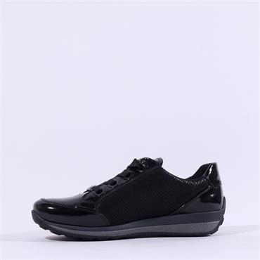Ara Osaka Comfort Laced Trainer Side Zip - Black Patent Shimmer