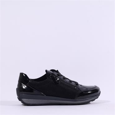 Ara Osaka Comfort Laced Trainer Side Zip - Black Patent Shimmer