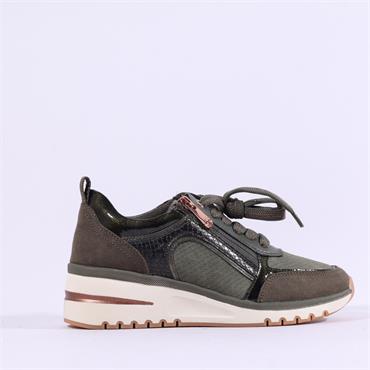 Marco Tozzi Virga Side Zip Wedge Trainer - Khaki Combi