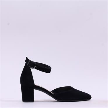 Gabor Gala Ankle Strap Block Heel Court - Black Suede