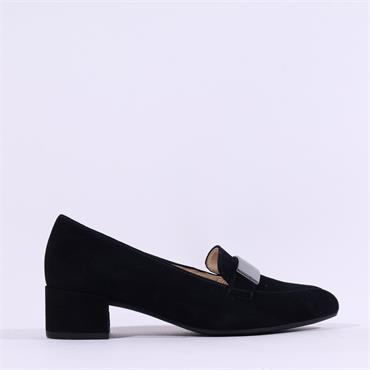 Gabor Dayana Block Heel Plate Loafer - Black Suede