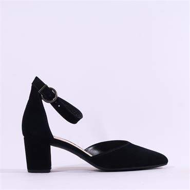 Gabor Gala Ankle Strap Block Heel Court - Black Suede
