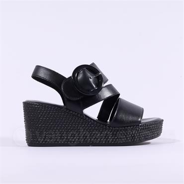 Gabor Drama Wedge Ring Buckle Sandal - Black Leather