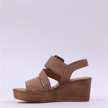 Gabor Lapel Square Buckle Wedge Sandal - Peanut Suede