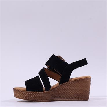 Gabor Lapel Square Buckle Wedge Sandal - Black Suede