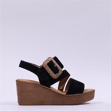 Gabor Lapel Square Buckle Wedge Sandal - Black Suede
