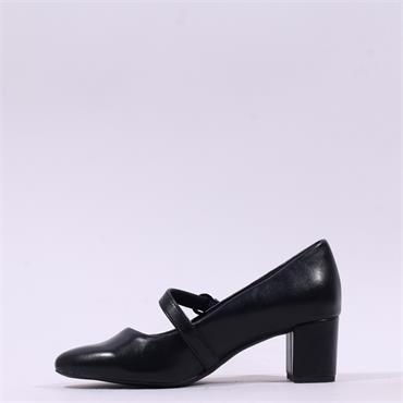 Jana Nebu Strap Block Heel Court Shoe - Black Leather