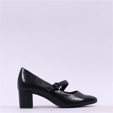 Jana Nebu Strap Block Heel Court Shoe - Black Leather