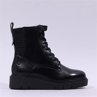 Tamaris Cora Low Wedge Laced Ankle Boot - Black Leather