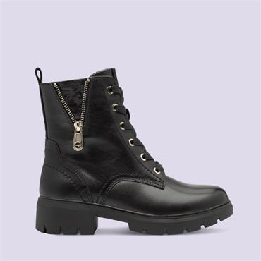 Tamaris Samira Zip Detail Laced Boot - Black Gold Leather