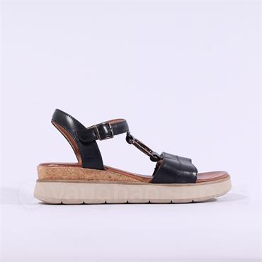 Tamaris Marisa T Bar Cork Wedge Sandal - Black Leather