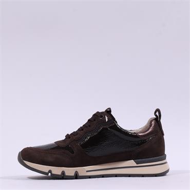 Caprice Ginga Laced Patent Suede Trainer - Dark Brown Combi