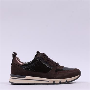Caprice Ginga Laced Patent Suede Trainer - Dark Brown Combi