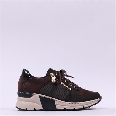 Rieker Wedge Trainer With Side Zip - Brown Suede